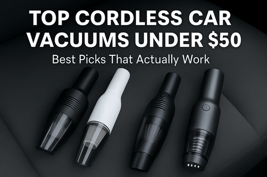Four cordless car vacuums under $50 on a car seat, with bold text reading “Top Cordless Car Vacuums Under $50 – Best Picks That Actually Work”