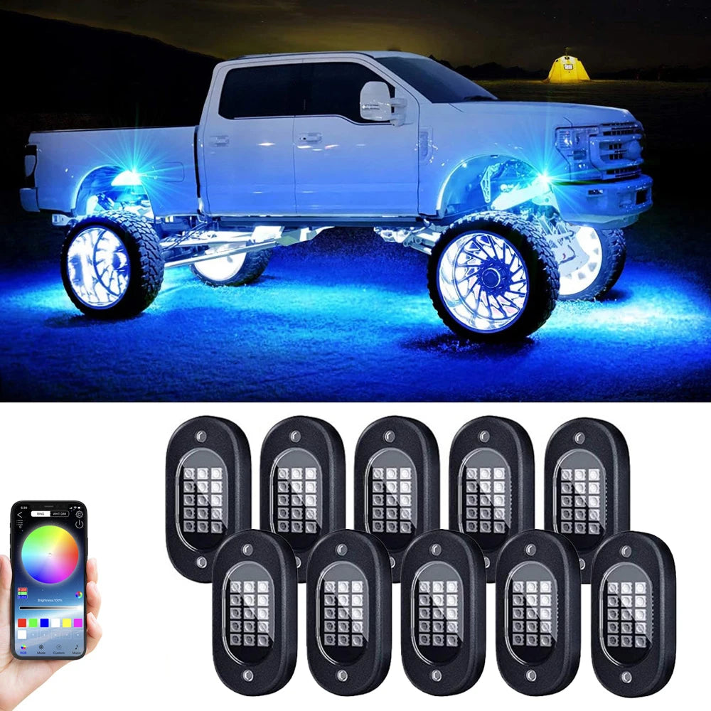 10-piece RGB LED underglow kit for trucks with blue glow and smartphone app control