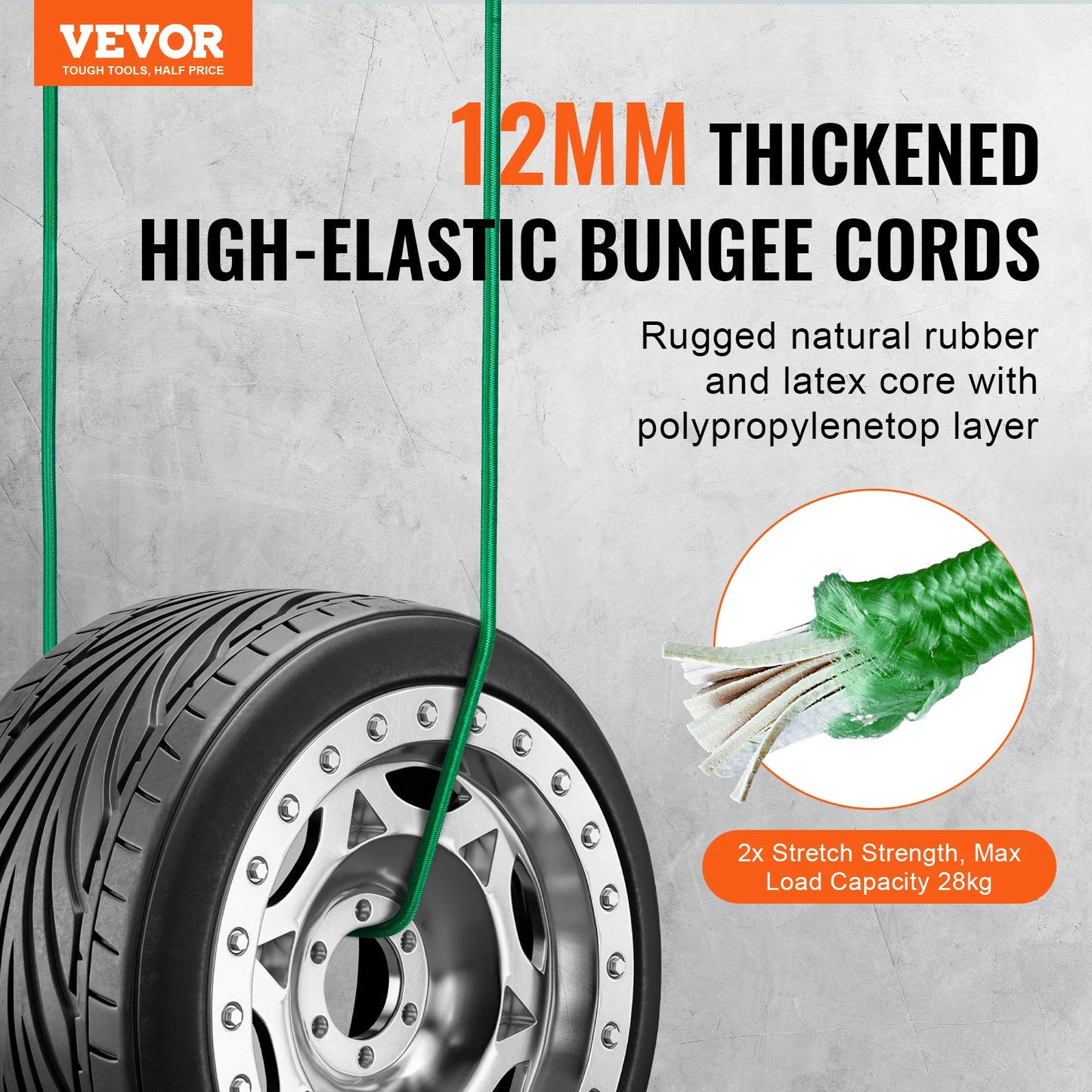 High-elastic 12mm bungee cord with cutaway showing latex core and polypropylene outer layer, max load 28kg