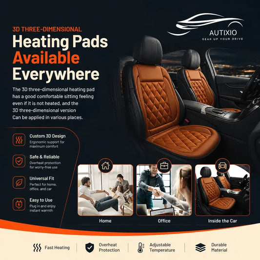 3D heated car seat cushion infographic showing versatile use for home office and car with fast heating and overheat protection