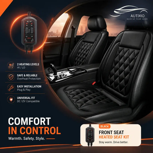 Black 12V heated seat cover installed in car interior with DC 12V controller and 2 heating levels HI LO