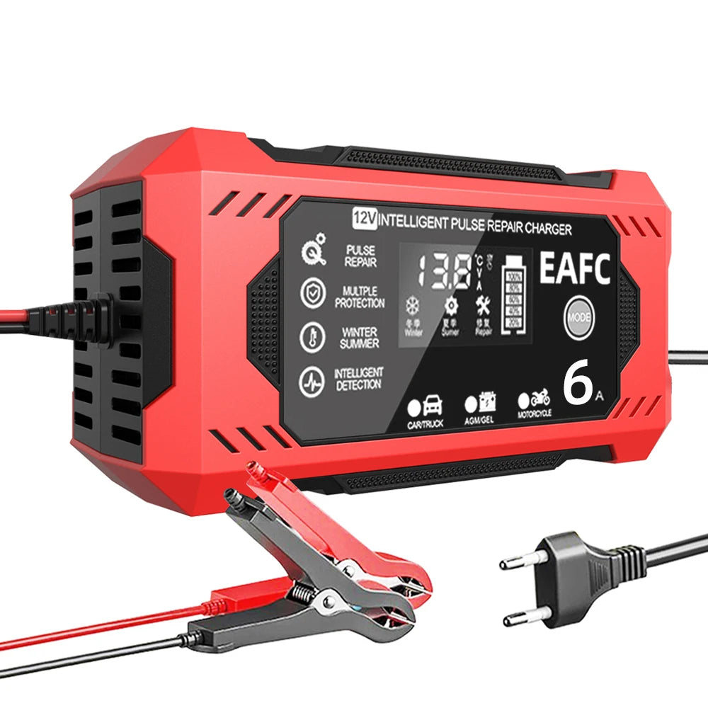 12V 6A smart car battery charger with EU plug, LCD display, pulse repair function, and alligator clamps