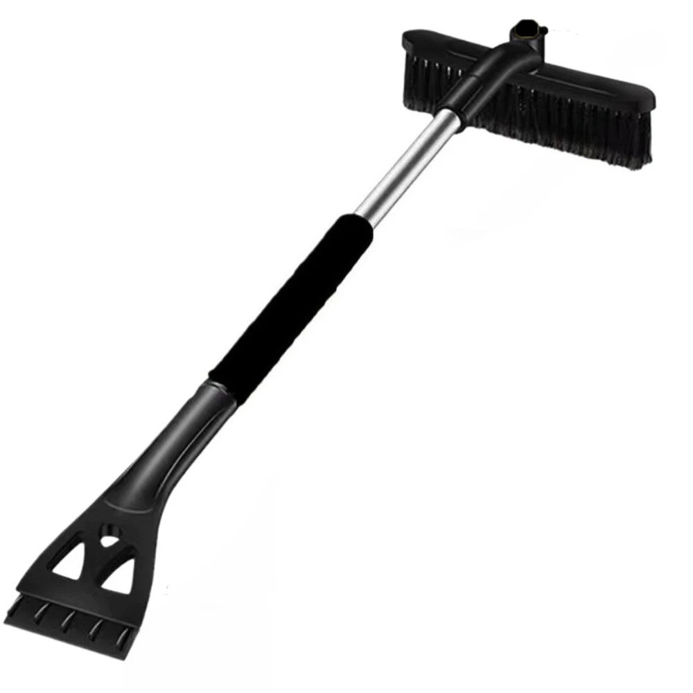 3-in-1 detachable snow brush and ice scraper in black – extendable foam grip handle, black bristle brush head, and ice scraper on white background
