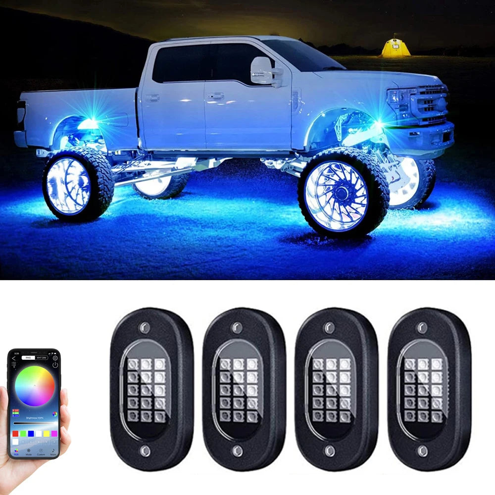 4-piece RGB LED underglow light kit for lifted trucks with smartphone app control
