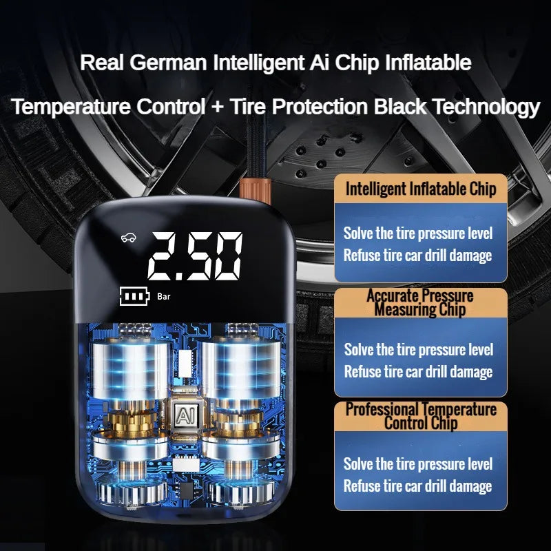 Wireless air pump with AI chip for accurate pressure and temperature control, prevents tire overinflation