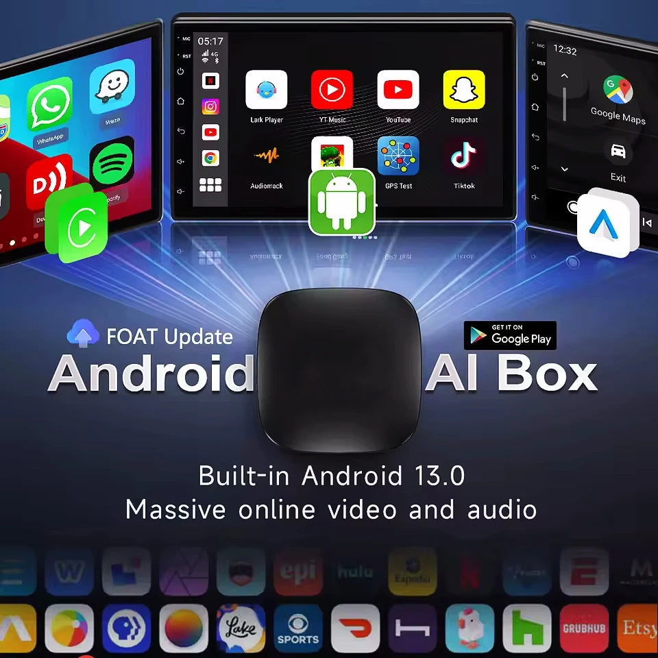 Android 13 CarPlay AI box with FOAT update support, compatible with Google Play apps, streaming platforms, and wireless CarPlay and Android Auto