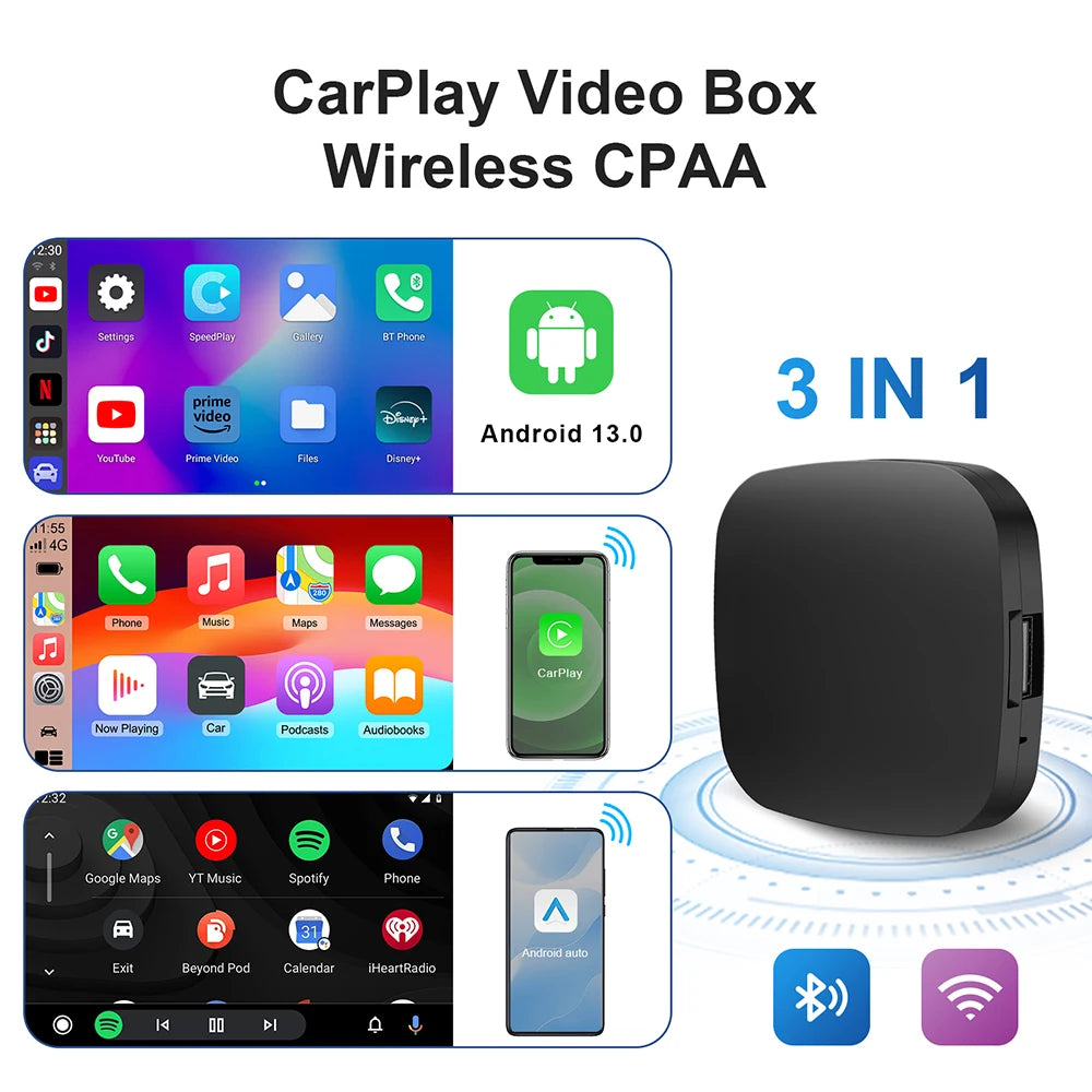 Android 13 CarPlay video box wireless CPAA with 3-in-1 support for Android Auto, CarPlay, and screen mirroring over Bluetooth and WiFi