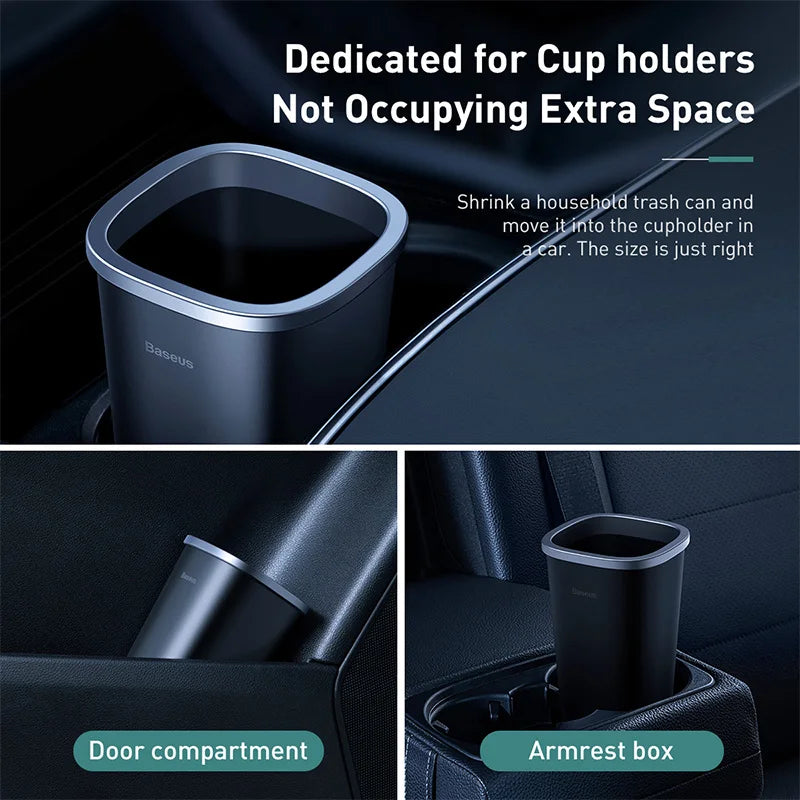 Baseus trash can fitting in car cup holder, door compartment, and armrest box for compact storage