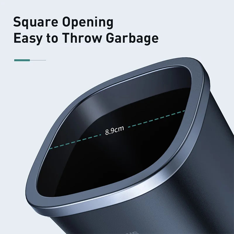 Close-up of Baseus trash can showing 8.9cm square opening for easy garbage disposal