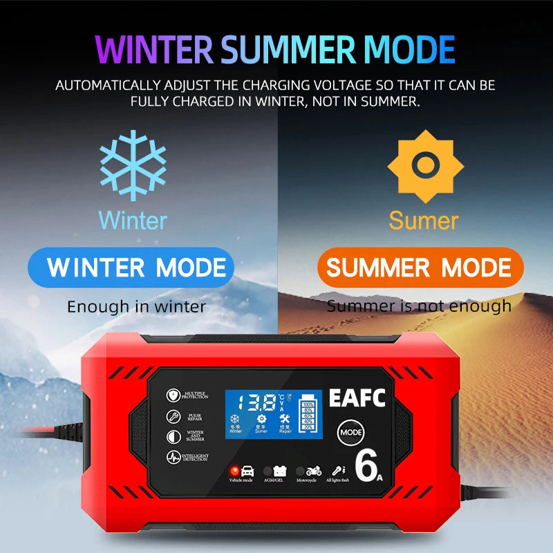 Smart battery charger with winter and summer modes for automatic voltage adjustment based on seasonal temperature