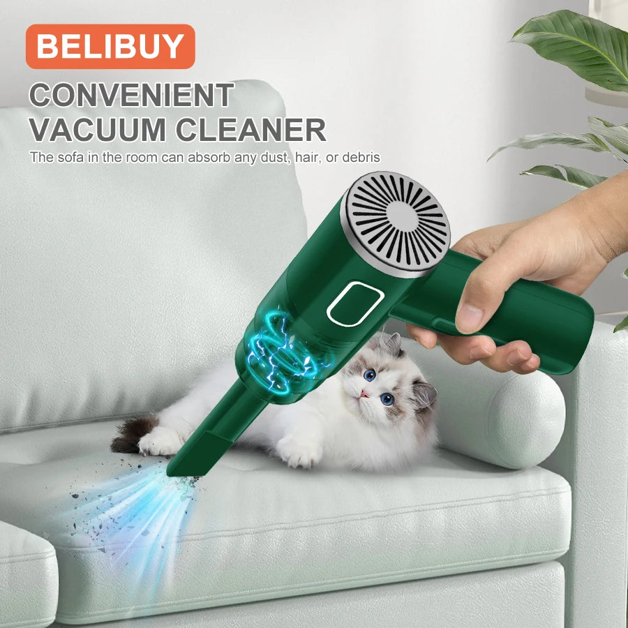 BELIBUY vacuum in use on car seat – handheld and wireless for quick cleaning
