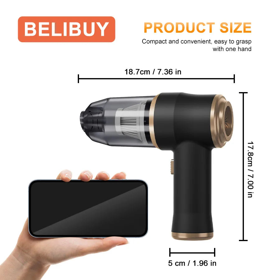 Side-by-side color options of BELIBUY wireless vacuum – black, blue, and green