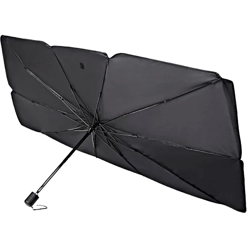 Black foldable windshield sunshade shown from rear side highlighting frame structure and umbrella-style design