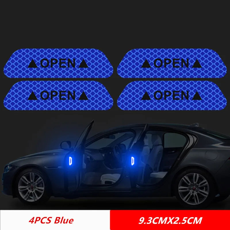 Set of 4 blue reflective car door warning stickers labeled OPEN to improve night driving visibility and safety