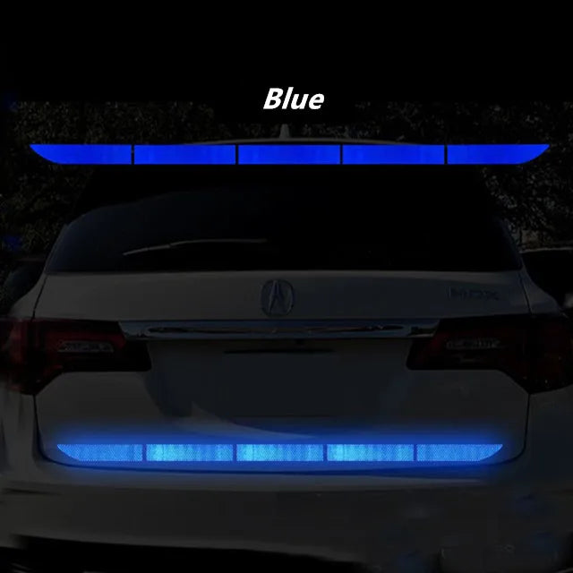 Blue reflective rear bumper strip for enhanced night visibility and car safety