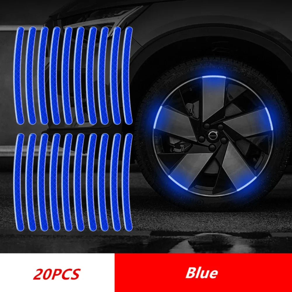 20 blue reflective wheel decals shown applied on car rim for enhanced nighttime visibility and stylish detailing