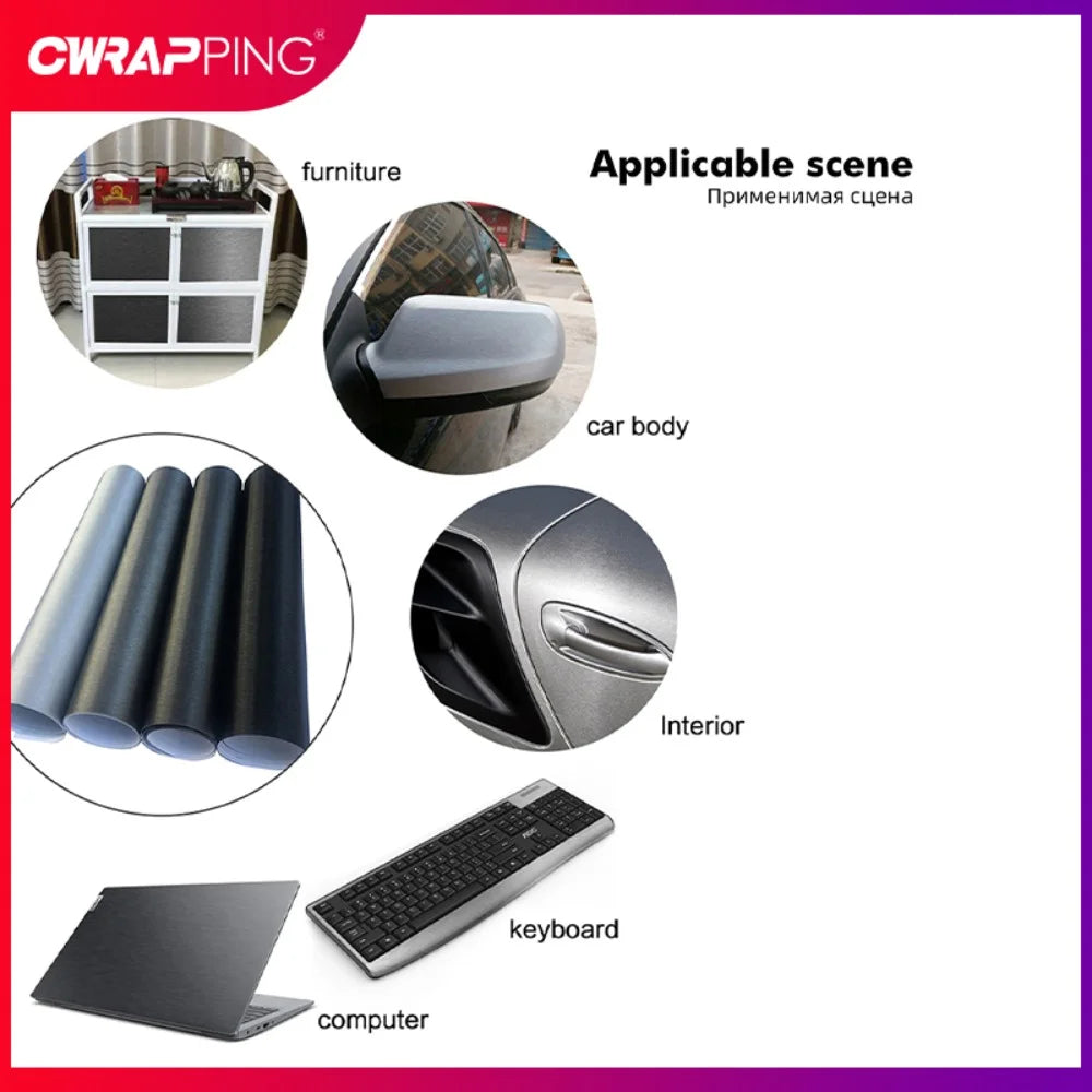 Brushed aluminum wrap shown applied to furniture, car mirrors, dashboard, laptops, and keyboards