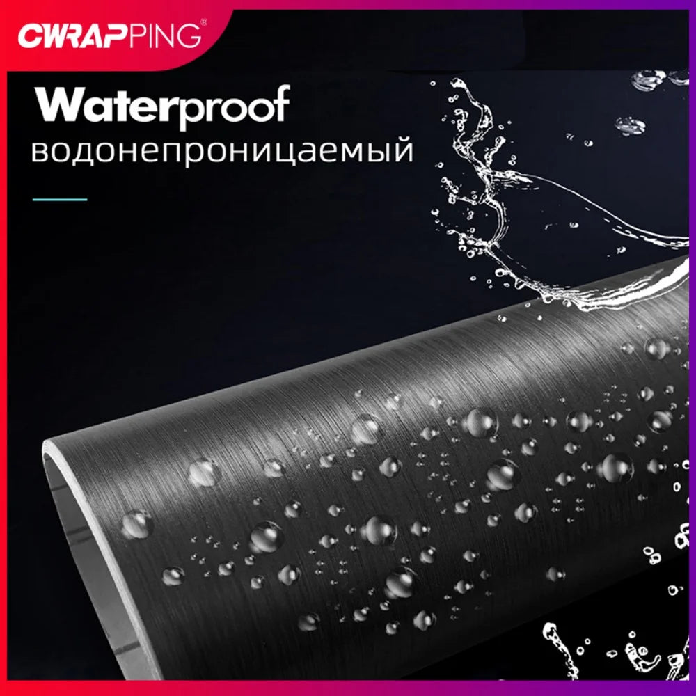 Brushed aluminum wrap roll with water droplets showing waterproof surface feature