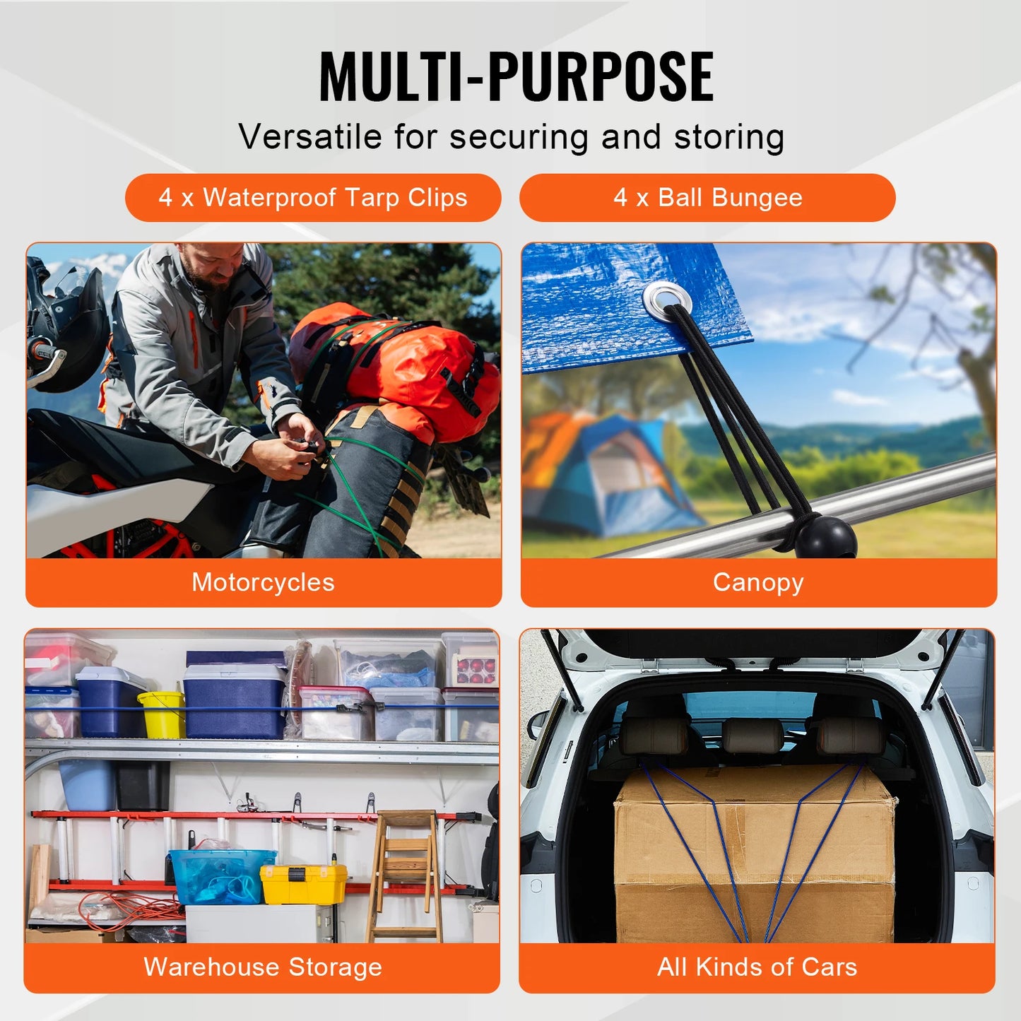 Bungee cord kit used for motorcycles, canopy tents, warehouse storage, and car trunk cargo securing