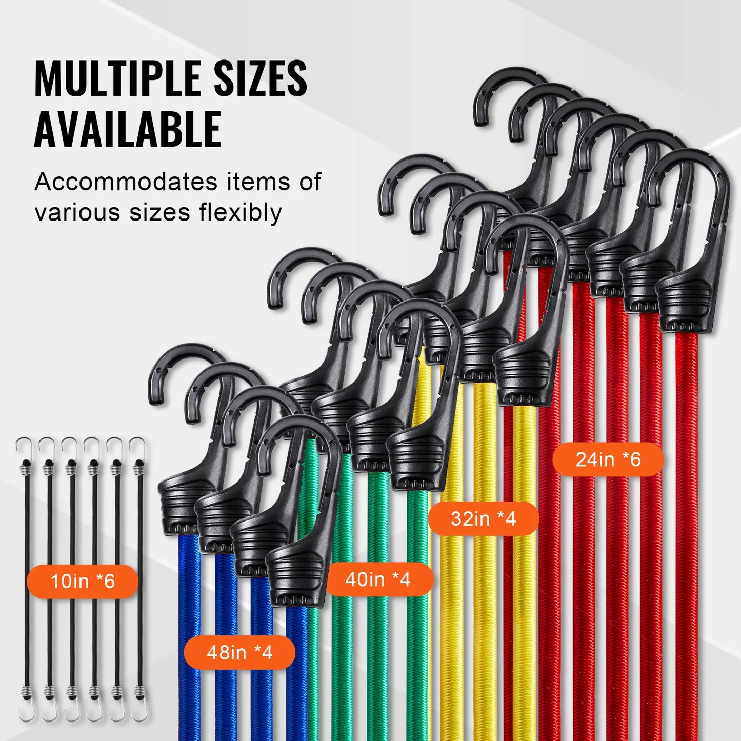 Bungee cord kit showing 32-piece set in 6 sizes including 10in, 24in, 32in, 40in, and 48in with hooks