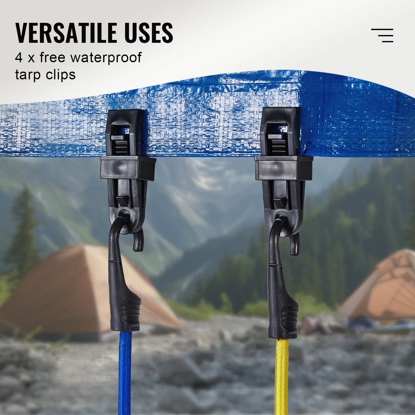 Two waterproof tarp clips from bungee cord kit securing blue tarp with hooks in outdoor camping setup