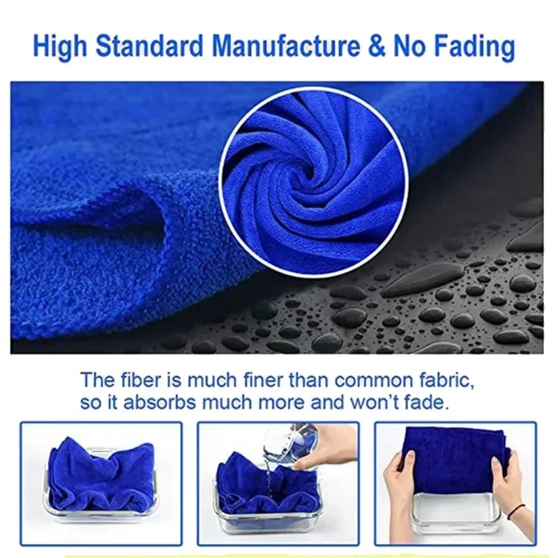 Blue fabric with close-up of texture, water droplets, and usage scenarios on a black surface.