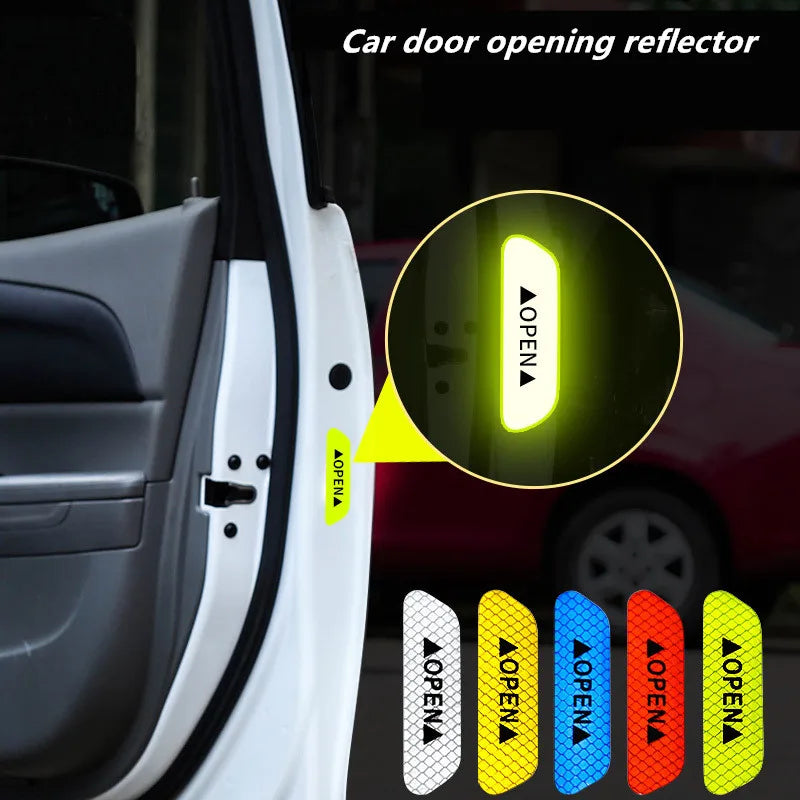 Reflective open warning sticker applied on car door edge with color options shown below