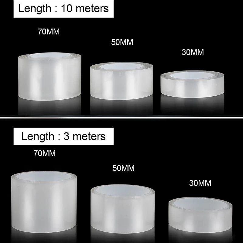 Side-by-side comparison of 30mm, 50mm, and 70mm transparent car protection film rolls in 3m and 10m lengths