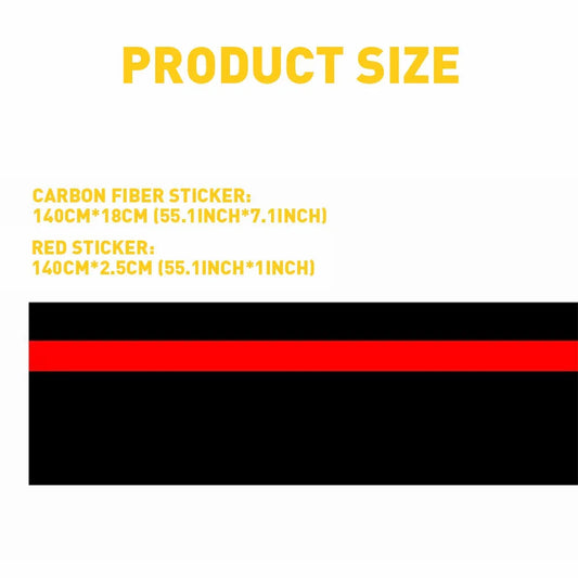 Car racing stripe decal size chart showing 140x18cm carbon fiber strip and 140x2.5cm red accent strip