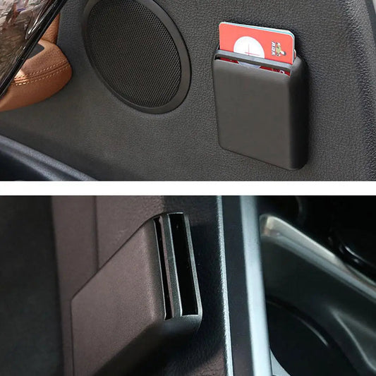 Car registration card holder mounted on car door panel holding registration cards