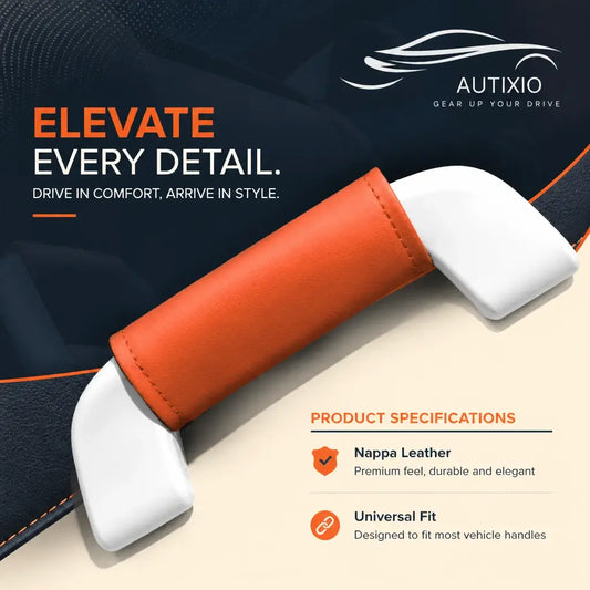 Orange car roof handle cover product specs infographic highlighting premium Nappa leather material and universal fit for most vehicles
