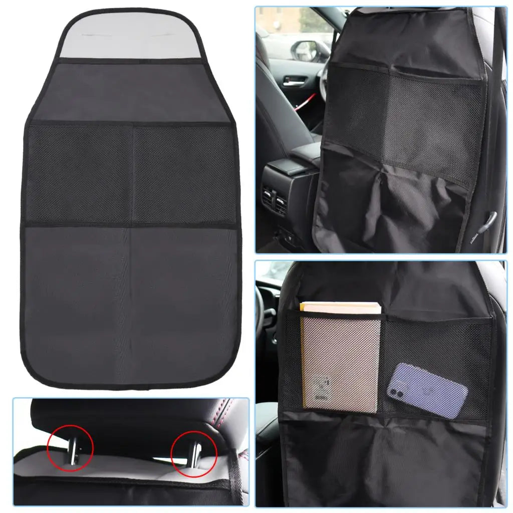 Black car seat back organizer showing installation method and storage usage for tablet and phone
