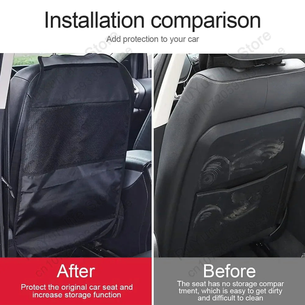 Side-by-side comparison of car seat with and without back protector showing clean protected surface versus dirty seat with no cover