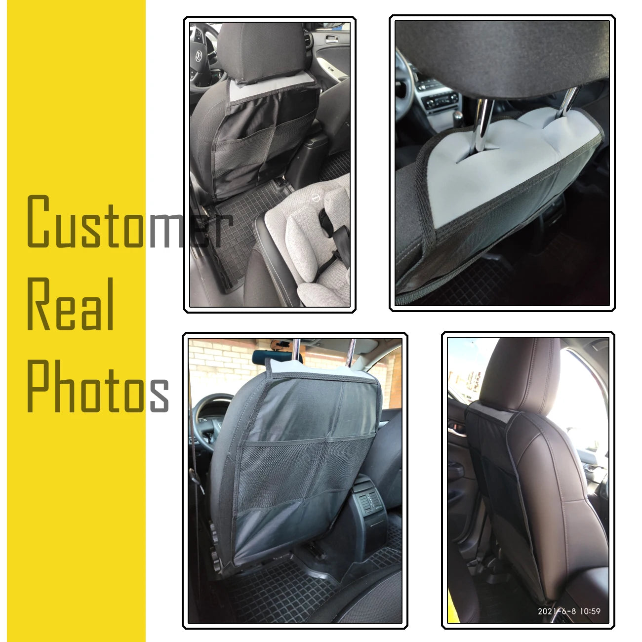Customer-installed car seat back protectors shown in various vehicle interiors