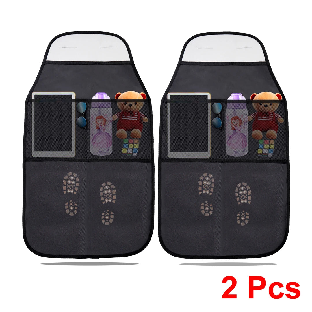 Set of 2 car seat back protectors with kick marks, tablet holders, and storage pockets for toys and bottles
