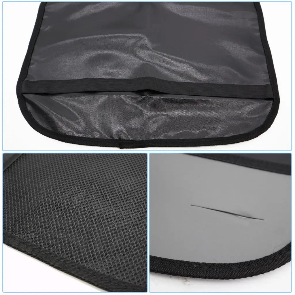 Close-up image showing car seat organizer material texture, stitching, and bottom pocket design