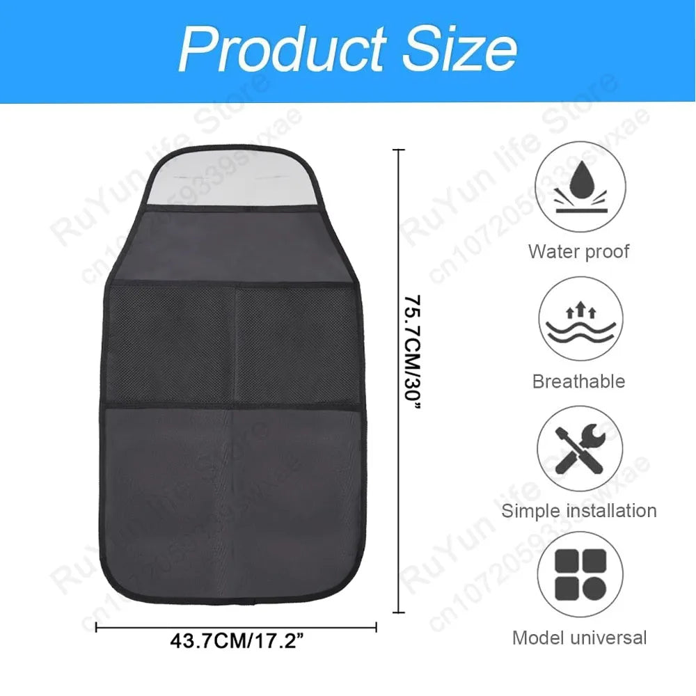 Car seat organizer dimensions chart showing 75.7cm x 43.7cm size with waterproof, breathable, and universal fit features