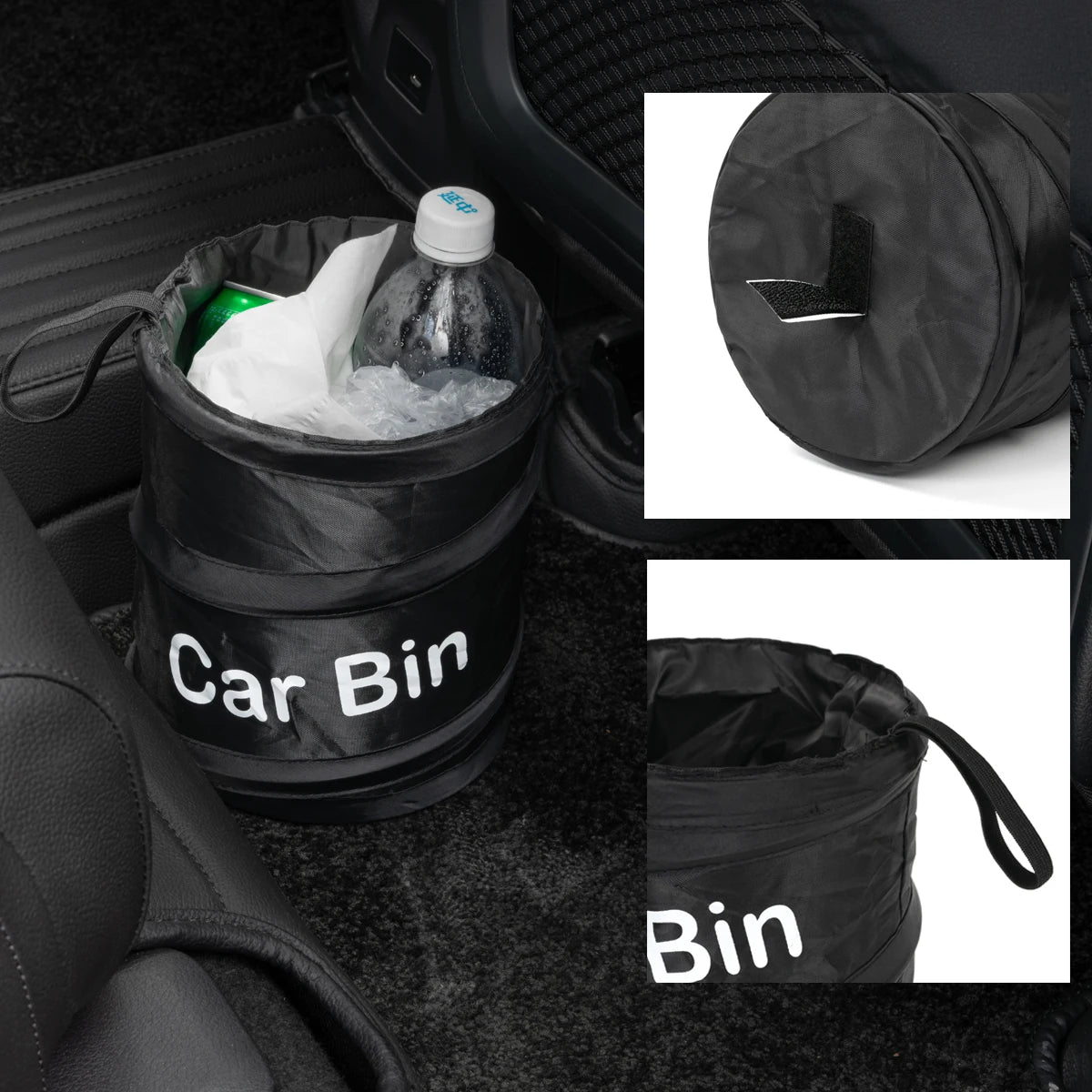 Portable vehicle garbage can placed in car footwell area