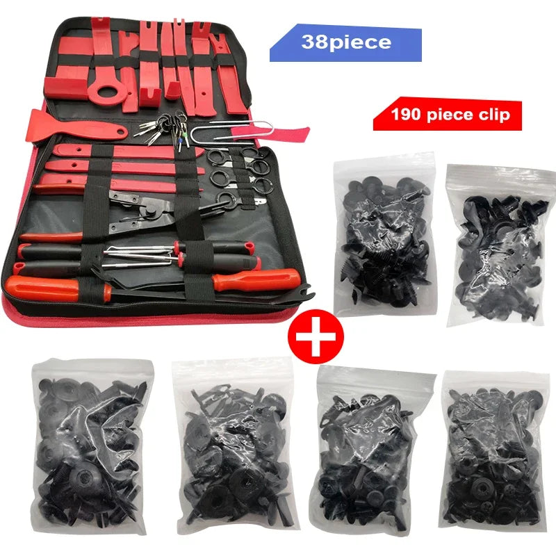 Car panel removal kit with 190 assorted plastic clips for fastener replacement