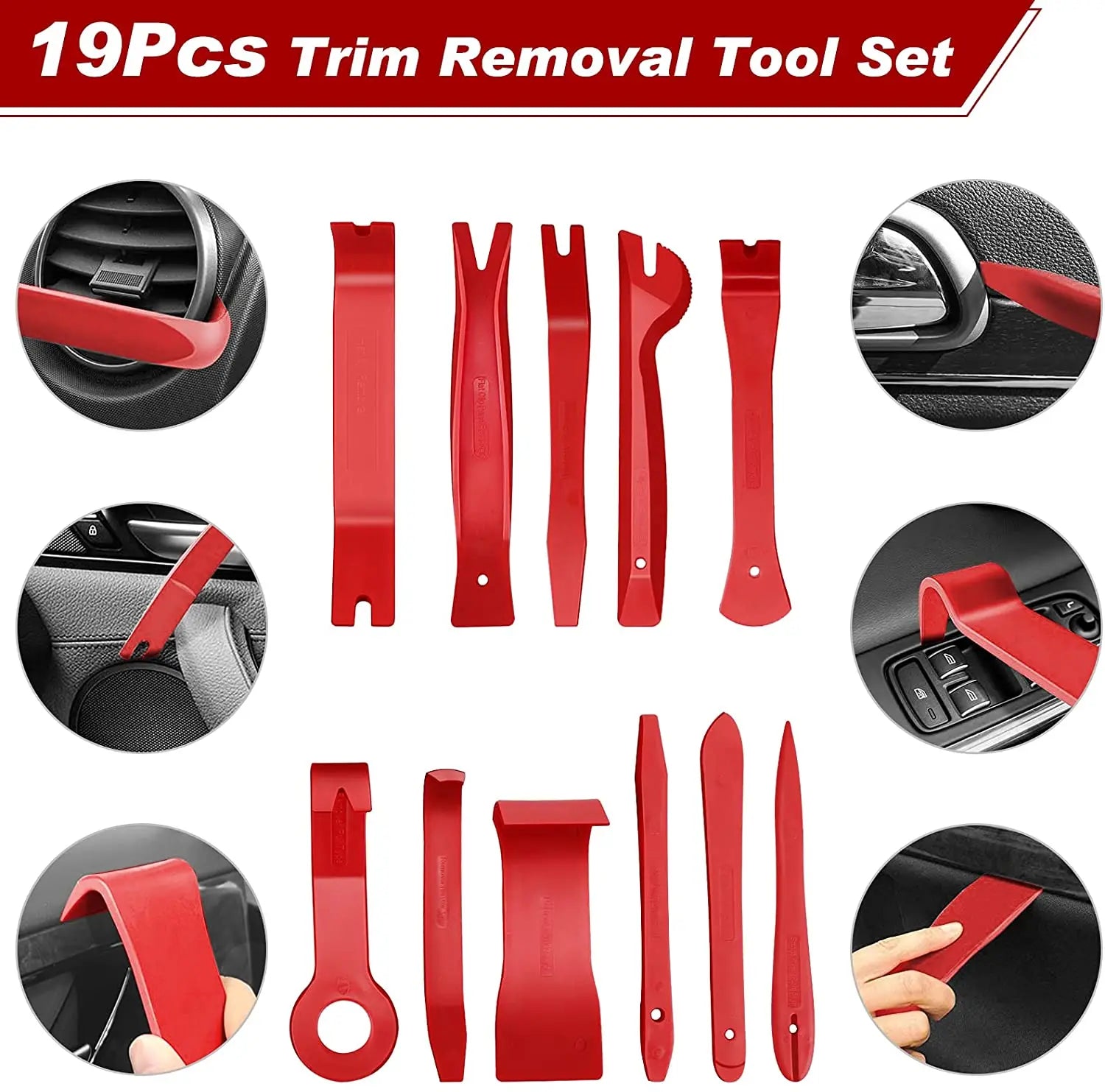Layout of car interior trim removal tools shown at angle with red handles