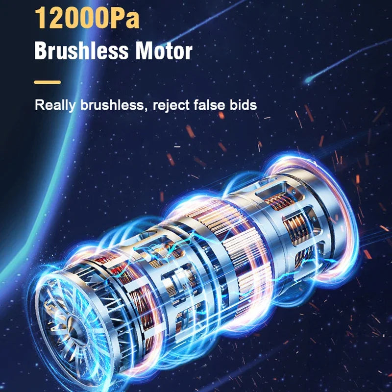 Portable brushless vacuum cleaner in action on car seat upholstery