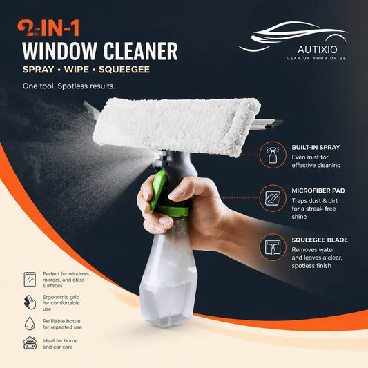 Hand holding 3-in-1 car window cleaning tool spraying mist showing built-in spray bottle microfiber wipe pad squeegee blade refillable bottle and ergonomic grip for windows mirrors and glass