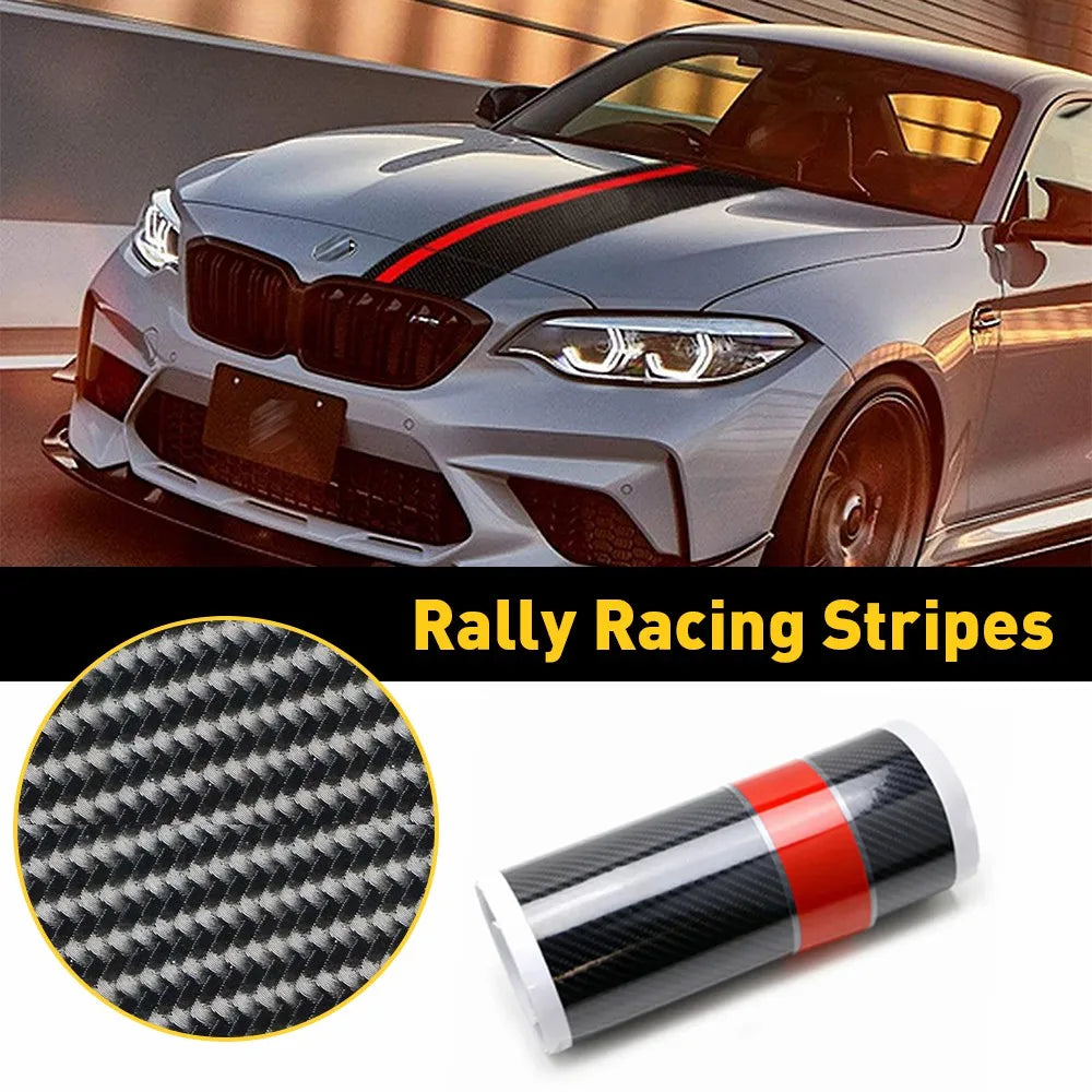 Carbon fiber rally racing stripes with red accent installed on hood of car, shown with texture and rolled kit