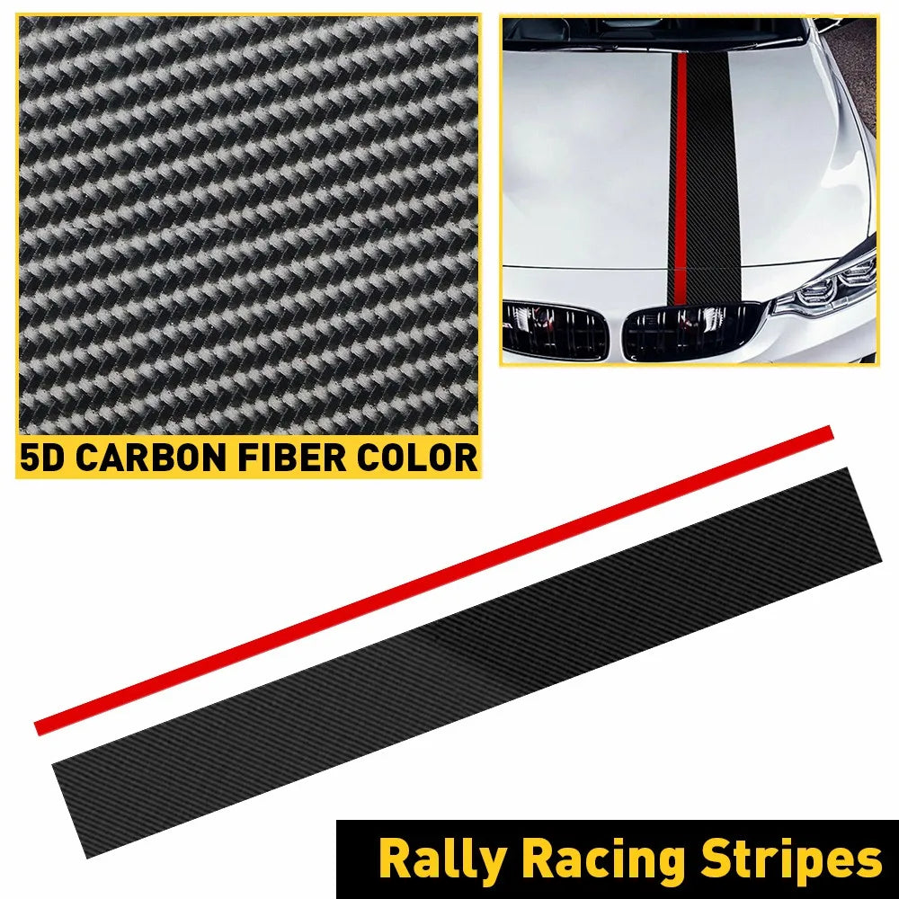 5D carbon fiber rally stripe kit with red accent shown installed on car hood and close-up texture preview