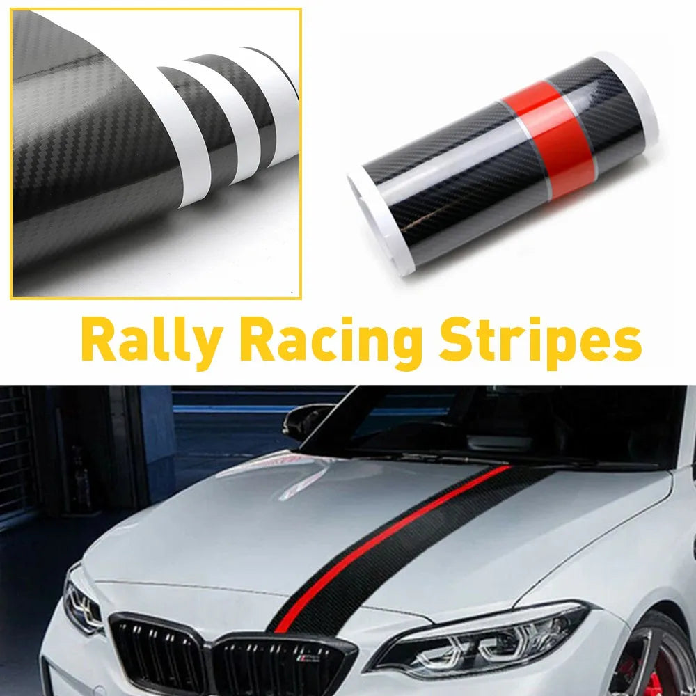 Carbon fiber rally stripe vinyl rolls with red and white accents, shown installed on car hood in garage setting