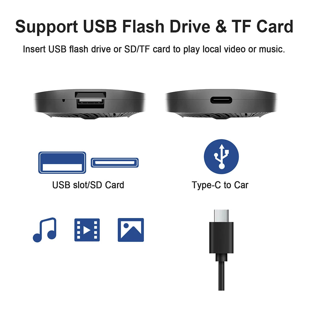 Android CarPlay box showing USB and TF card support with Type-C connection for local video and music playback