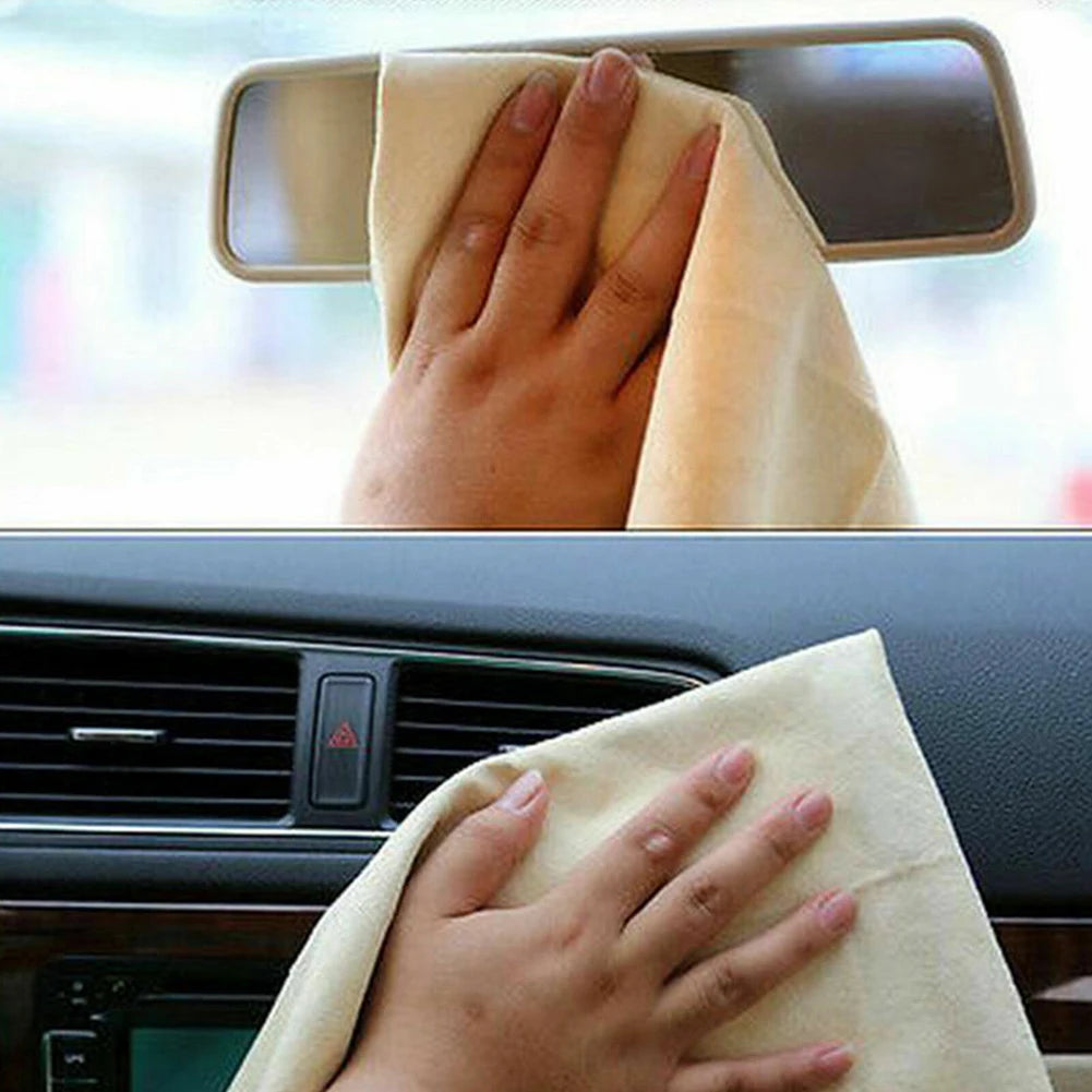 Elastic chamois drying towel stretched over car curves – conforms to any surface