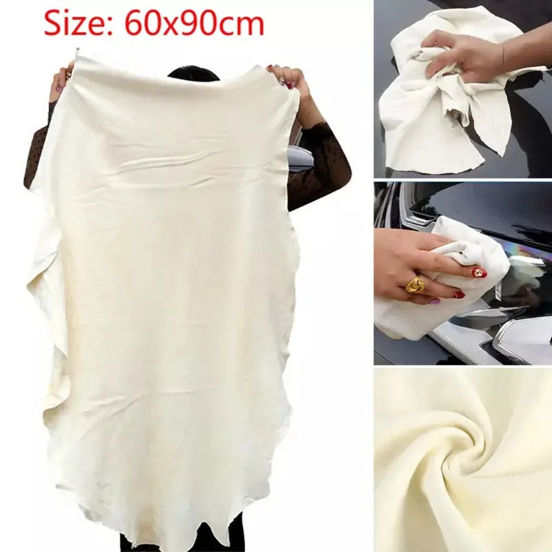 Chamois towel drying water on car hood