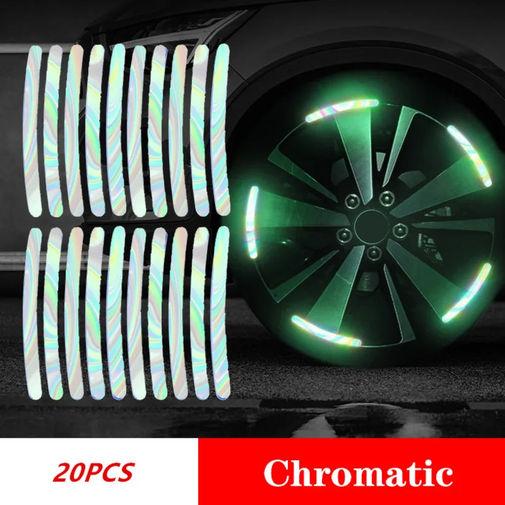 20 chromatic reflective strips applied on a car wheel for enhanced night visibility and rim decoration