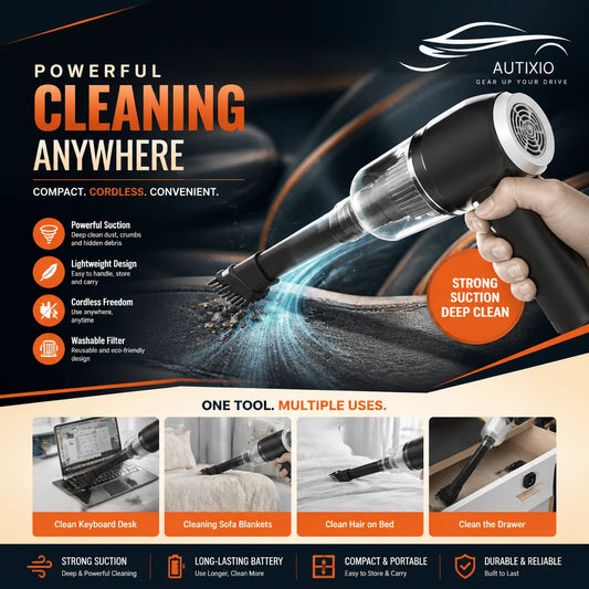 Compact vacuum used on keyboard desk, sofa blankets, bed, and drawer cleaning